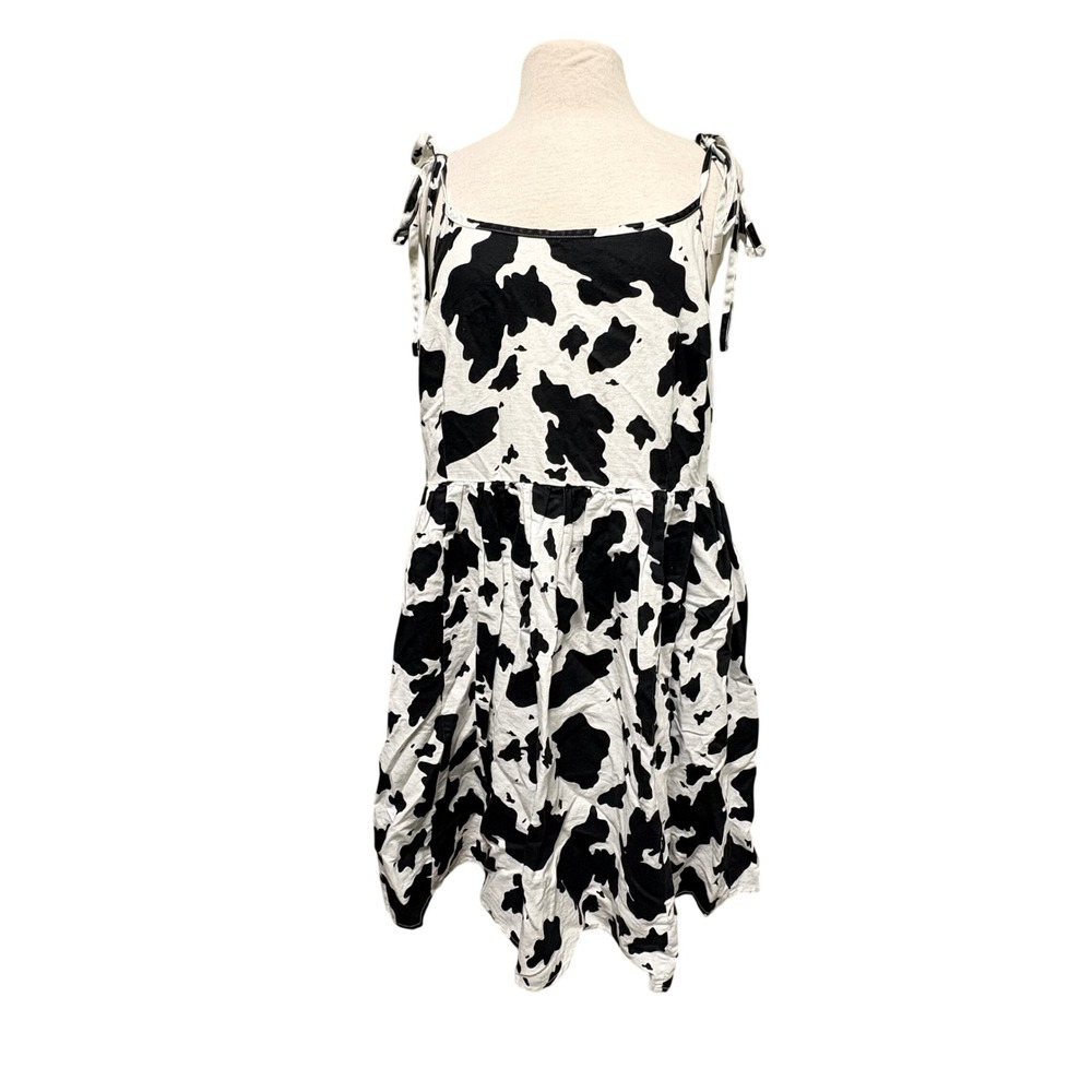 Tuesday of California Cow Print Linen Cotton Tie Shoulder Mini Dress Large